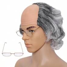 Short Curly Old Man Bald Cap Wig Mad Gray Scientist Synthetic Balding Halloween Anime Cosplay Costume Wigs Grey - 灰色 - 查看 3