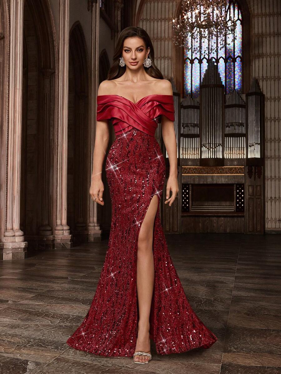 Vestido de noche glamoroso con lentejuelas QOQ, elegante vestido formal para damas adecuado para fiesta de cóctel, baile benéfico, banquete, celebración, cumpleaños, vestido largo con espalda descubierta y abertura alta en unicolor
