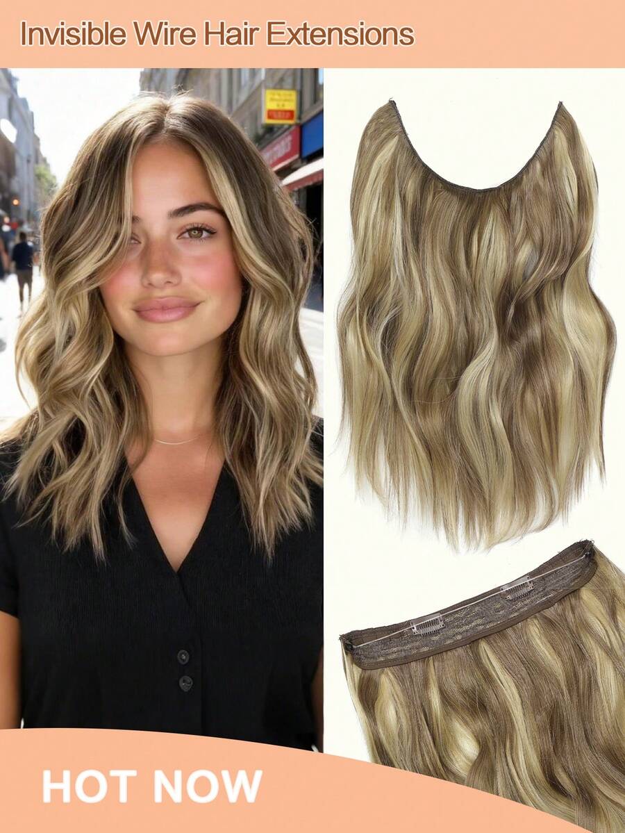 12英寸波浪卷发夹式接发，隐形钢丝，浅灰棕色带挑染，合成发片，适合女性日常佩戴