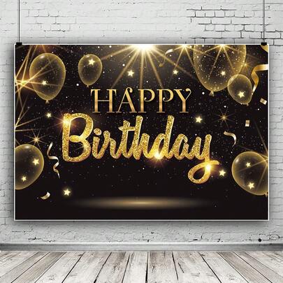 1pc Birthday Party Banner, Made Of Polyester Material, Black And Gold Balloon Birthday Background Picture, Suitable For Indoor And Outdoor Decoration, Birthday Party Decoration, Courtyard Decoration, Photography Background Decoration, Party Decoration