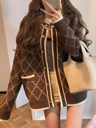 Alicedudu Women's Retro Casual Diamond Pattern Loose Knit Cardigan Sweater, Autumn/Winter