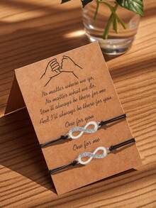 2pcs Couple/Best Friends Minimalist Rhinestone Infinity Symbol Adjustable Matching Bracelet Set, Comes With Promise Card, Suitable For Confession, Festivals, Birthdays, Gift For Girlfriend/Sister - White K - View 5