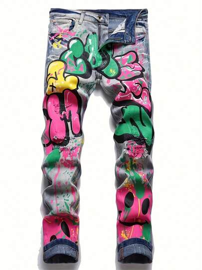 Graffiti Street Art Style, Colorful Mixed Print Design, Mid-Rise Slim Fit Straight Leg, Machine Washable For All Seasons, Classic Five-Pocket Style, Essential Men'S Faux Denim Pants For Hip Hop Y2K Party Outfits, Hip Hop Y2K Clothing & Accessories, Perfect For Music Festivals & Night Clubs, Four-Way Wearing Cultural Essential Collection