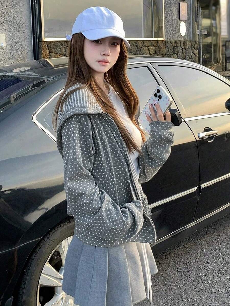 Korean Style Casual Polka Dot Sweatshirt Jacket Tops, Autumn/Winter - Grey - View 1