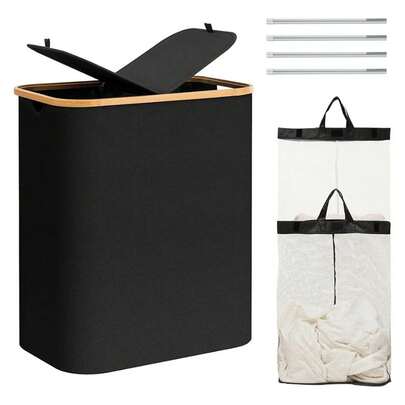 Cesto de lavandería doble con tapa y gran capacidad, diseñado para ropa sucia, incluye 2 bolsas interiores extraíbles y lavables, plegable para ahorrar espacio, adecuado para salas de estar, baños, dormitorios, residencias y lavanderías