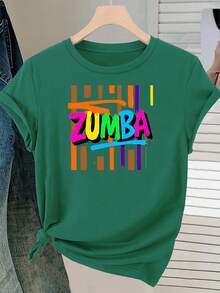 Unisex Women's Casual T-Shirt, Colorful "ZUMBA" Print - Short Sleeve, Round Neck, Machine Washable, Suitable For Spring/Summer/Autumn, Spring Summer Top |  Fabric For Brightly Printed Tops - 黑色 - 查看 9