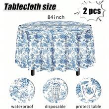 2 Pack Blue Floral Tablecloth Disposable Blue And White Floral Table Cloth 84 X 84 Round Plastic Table Cover For Birthday Wedding Picnic Camping Vintage Flower Tablecloth Perfect For Outdoor Events Indoor Celebrations And Casual Gatherings With Durable Water-Resistant Material And Elegant Design - Khăn trải bàn tròn họa tiết hoa xanh - Xem 3