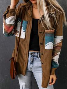 Winter Women's Retro Corduroy Patchwork Contrasting Azkett Geometric Pattern Print Casual Loose Shirt Style Lapel Jacket - Multicolor - View 4