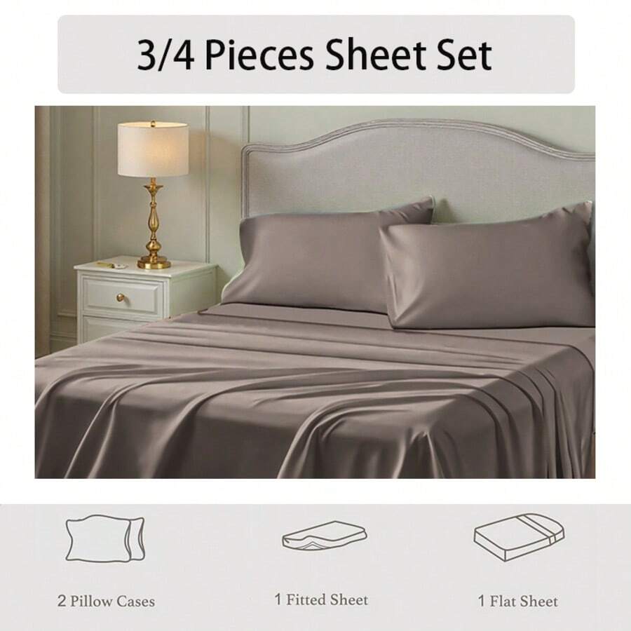 3/4 Pieces Sheet Set, Cooling Sheets For 3 Pieces Twin Sheet Set With Pillowcase, Full/Queen/King Size Bed Set With 4Pieces, Derived From Microfiber, Breathable & Soft, Deep Pocket Up To 16", Hotel Luxury Silky Bedding For Hot Sleepers - K02 - Xem 1