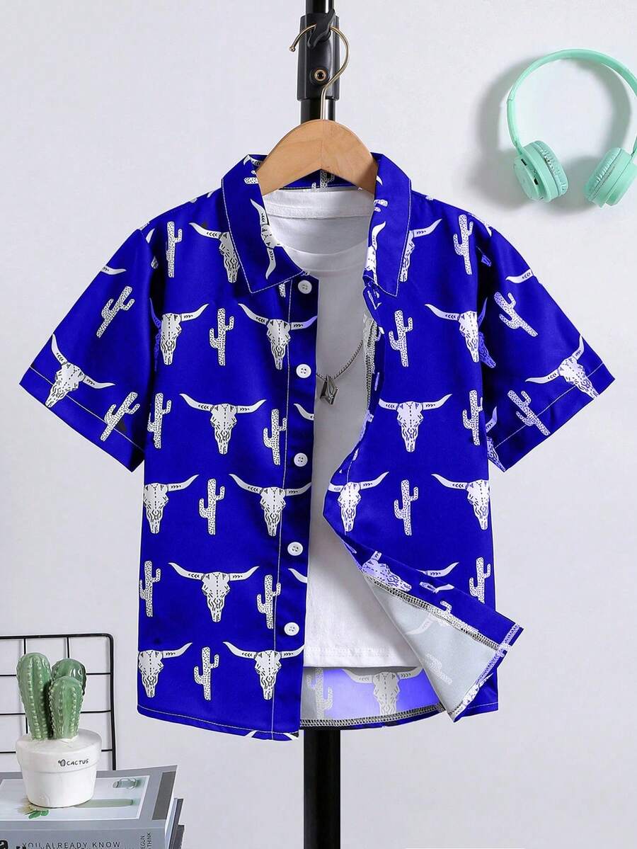 Boys' Casual Loose Breathable Short Sleeve Skull Print Vacation Shirt, Summer - Royal Blue - View 1