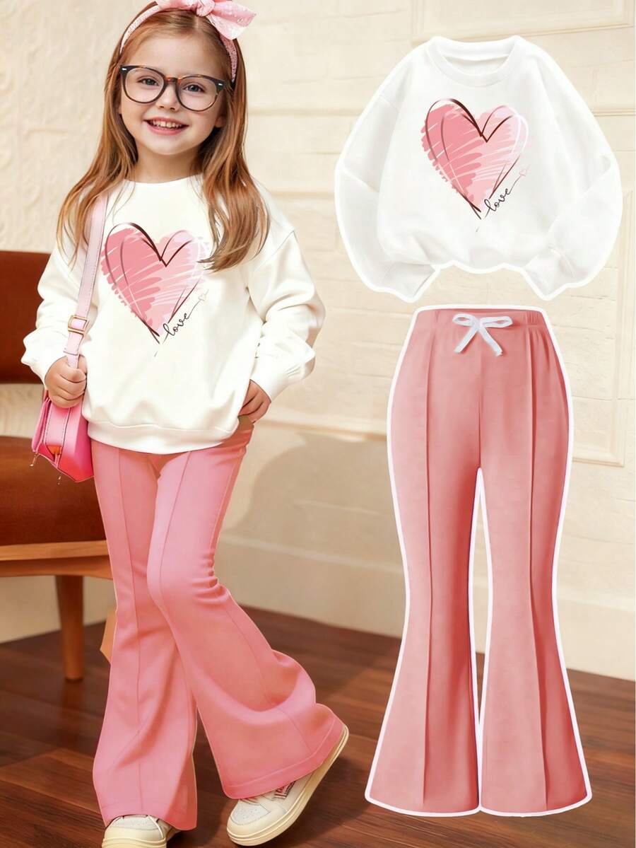 Tween Girls Heart Print Crew Neck Sweatshirt And Flare Pants Set