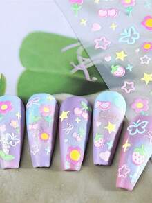 2 Sheets Sweet Element 3D Matte Nail Art Stickers - Kawaii Cherry Strawberry Star Heart Bow Butterfly Floral Designs, Self-Adhesive Plastic Decals For Women & Girls, Y2K Style Manicure & Pedicure Decorations, Easy Apply Decals, Nail Stickers - 彩色 - 查看 6