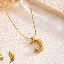 New Necklace In 18K Titanium Steel With Small Crescent-Shaped Diamonds Set In Prongs - An Exclusive, High-Quality Necklace. - Gold - View 5