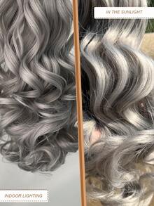 Tóc nối đuôi ngựa xoăn sóng tự nhiên màu xám ombre dài 26 inch, mềm mại và tự nhiên, sợi tổng hợp chịu nhiệt, phù hợp cho phụ nữ sử dụng hàng ngày. - Màu xám ombre - Xem 7