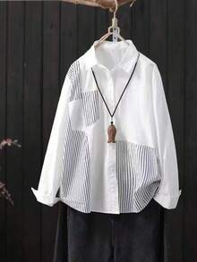 Women's Fashion Button Front Long Sleeve Collared Shirt, Regular Hem, Unique Striped Patchwork Design - White - View 1