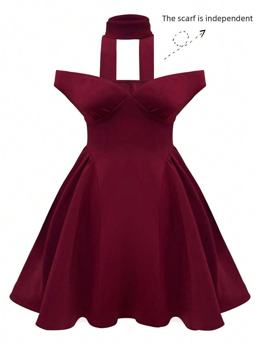 女士派对活动鸡尾酒迷你连衣裙，配有可拆卸围巾，性感细肩带 V 领褶饰荷叶边连衣裙