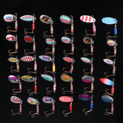 30 piezas Kit de señuelos giratorios con caja, señuelos de pesca con ganchos de alta frecuencia, señuelos artificiales realistas para trucha, lubina y lucio, señuelos de pesca de metal para agua dulce y salada