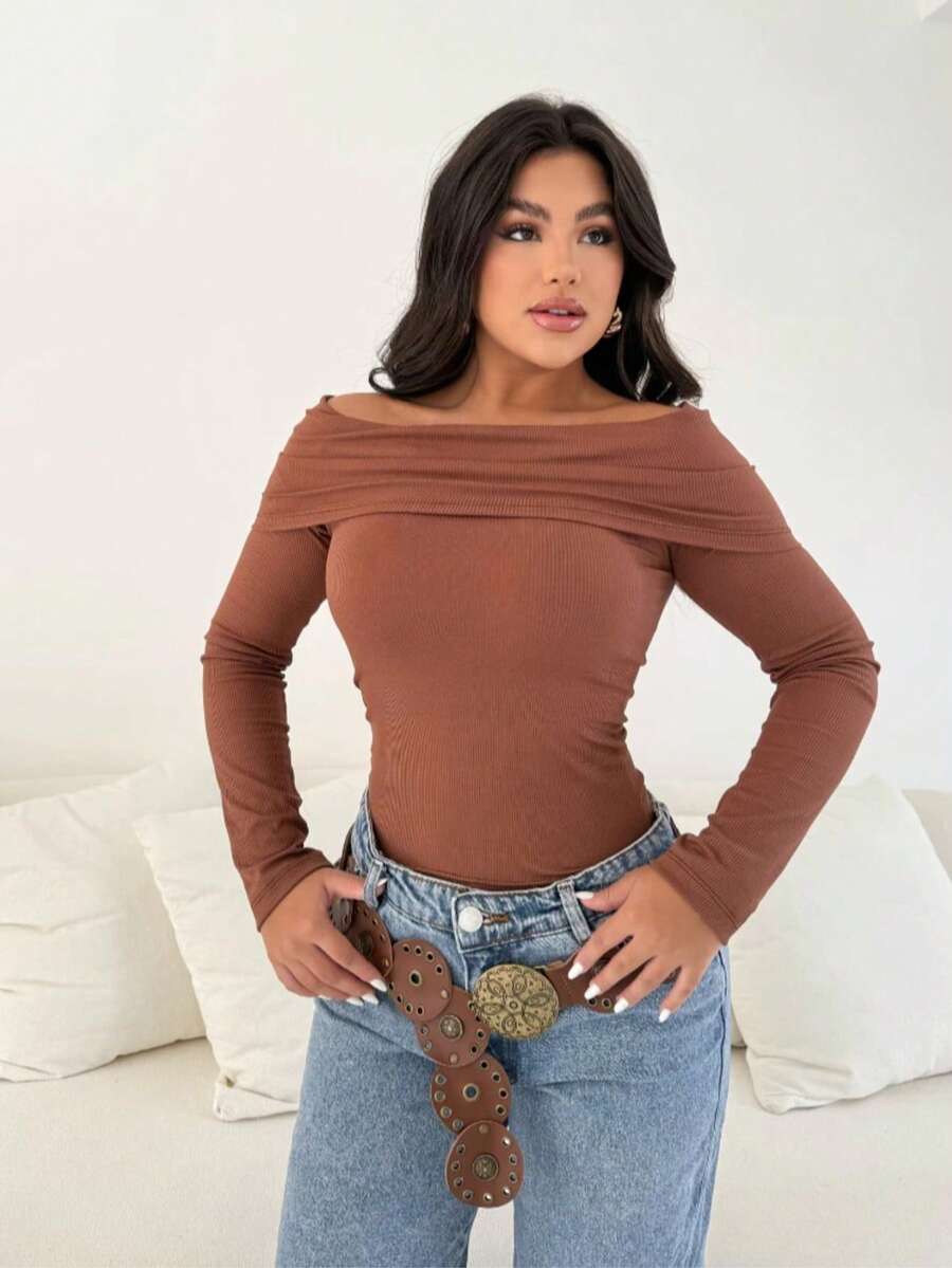 Women's Off-The-Shoulder Blouse With Long, Fitted Sleeves – Elegant, Classic, And Versatile. No Holidays. - 摩卡棕 - 查看 1