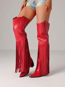Women's Fringe Pointed Toe Thigh High Western Cowboy Boots Fashion Rivet Chunky High Heels Side Zipper Vintage Over The Knee Cowgril Boots For Woman - 紅色 - 查看 1