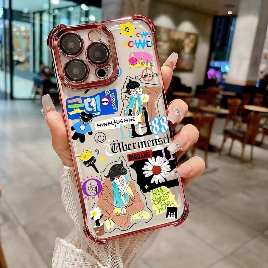 Una funda de teléfono de moda con graffiti de G-DRAGON compatible con varios modelos de , incluyendo 17, 16E, 16, 15, 14, 13, 12, 11 Mini, Pro, Max, Air, X, XR, XSMAX, 8 y 7 Plus.Es una funda trasera transparente y suave que ofrece protección contra caídas. - Colores mezclados - Ver 1