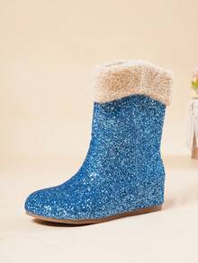 2cm Platform Glitter Snow Boots For Women, Mid-Calf, Thermal Lined, Warm, Flat Sole, New For Winter 2026 - Blue - View 9