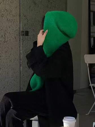 1件装女士纯色连帽围巾拉法帽，针织披肩保暖颈套，冬季适用，适合日常穿着