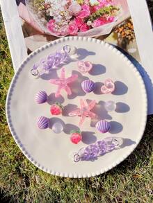 12pcs Cute (Glitter Starfish, Purple Shell, Peach, Water Wave Heart) Shoe Clips, DIY Decorations, Suitable For Women's Sandals, Slippers, Beach Bags - Multifunctional Shoe Accessories, Perfect Gift For Holiday Parties And Special Occasions - Pink - View 7