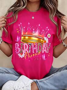 Birthday Queen Crown T-Shirt Women Fashion Graphic Tee Party Celebration Shirt Casual Wear Top - 粉色 - 查看 1