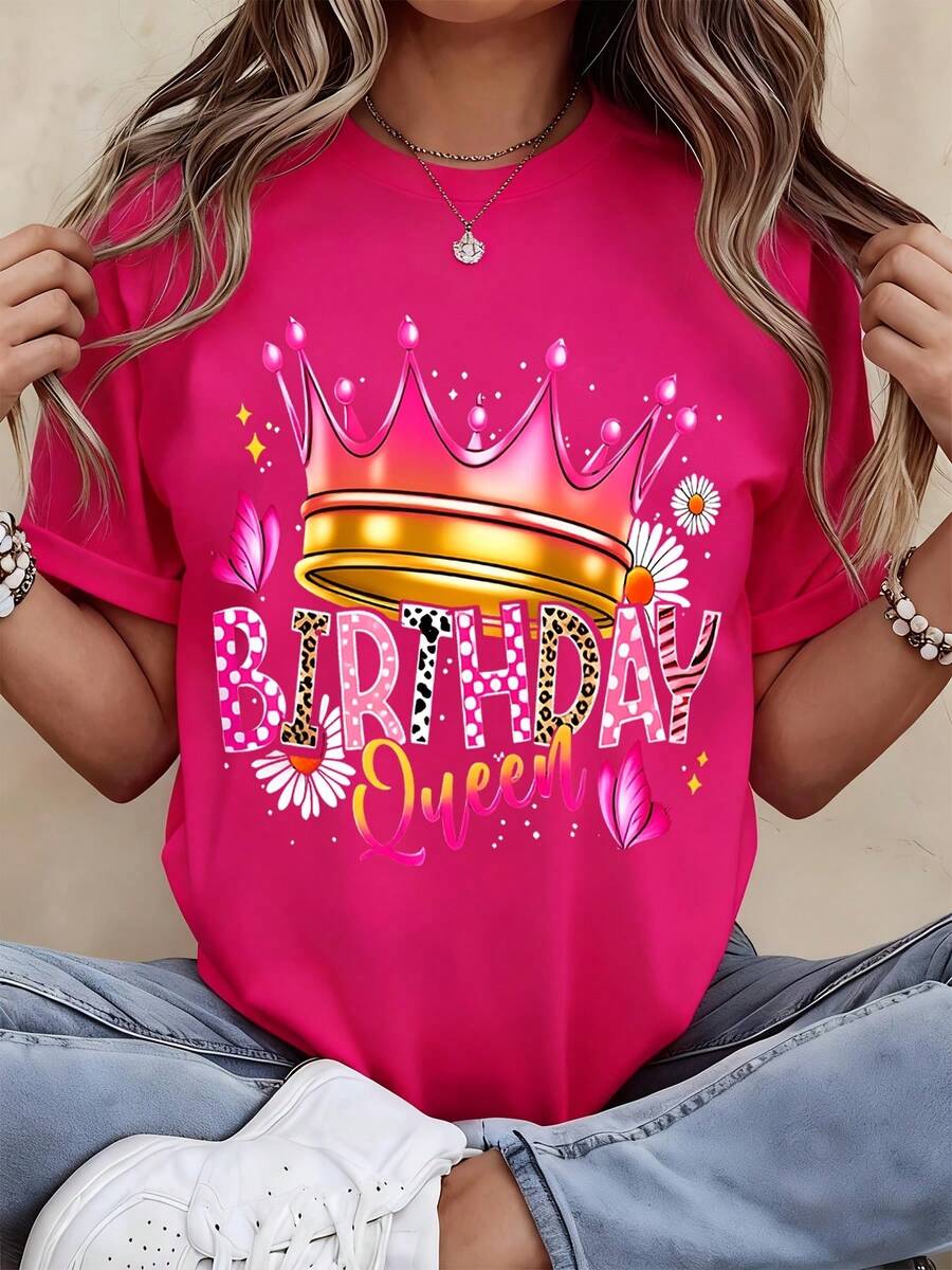 Birthday Queen Crown T-Shirt Women Fashion Graphic Tee Party Celebration Shirt Casual Wear Top - 粉色 - 查看 1