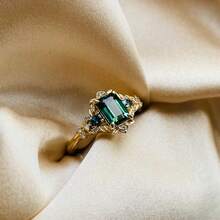 1pc Elegant Luxury Princess Cut Green Cubic Zirconia Ring, Women's Wedding Engagement Ring, Daily Party Jewelry, Birthday Anniversary Valentine's Day Gift - Green - View 6