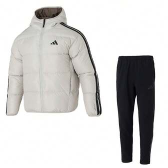 Adidas [Traje deportivo para hombre] Chaqueta de plumón con capucha 3S PUFF D JKT (80 % de contenido de plumón de pato) + pantalones deportivos con forro polar 3S PUFF D JKT para desplazamientos diarios y deportes.