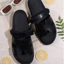 Sandalias casuales para hombre para exteriores tipo , diapositivas unisex de moda, sandalias de unicolor para interiores/exteriores, cómodas sandalias para parejas para primavera/verano, adecuadas para uso en exteriores y oficina - Negro - Ver 2