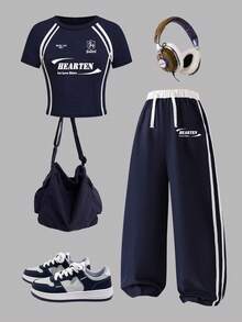 少女数字印花不对称肩部短袖上衣和裤子套装 - 寶藍色 - 查看 1