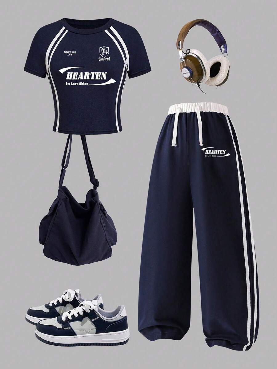 少女数字印花不对称肩部短袖上衣和裤子套装 - 寶藍色 - 查看 1