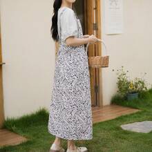 プリントタイプの調節可能なエプロン、シンプルなスタイルのロングギャザーダブルポケットバンドブラウス - ブルー - チェックする 3