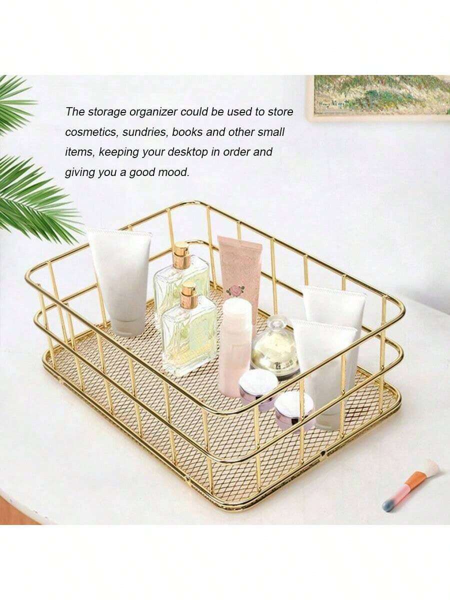 1PC Gold/Black Iron Mesh Storage Box, Transparent Storage Box, Suitable For Cosmetic Storage, Kitchenware Storage, Office Supplies Storage, Book Storage, Bathroom Supplies Storage, Home, School, Office Essential