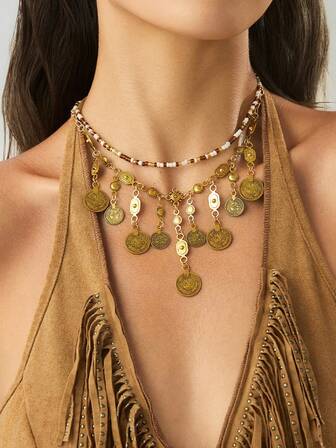夸张硬币流苏围兜项链，女士服装配饰链，女士派对、婚礼佩戴饰品身体链