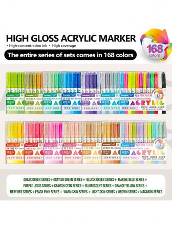 168 Colors Acrylic Gel Pen Set, 1.0mm Bullet Tip, High Color Intensity, Gradient Color Design, Suitable For Writing, Drawing, Doodling, Can Be Used On Multiple Surfaces