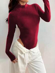 VIVINA Women's Solid Color Slim Fit Turtleneck Long Sleeve Warm Bodysuits, Casual & Versatile For Autumn/Winter, Suitable For Thanksgiving, Airport Outfit, Fall Season - Burgundy - View 4