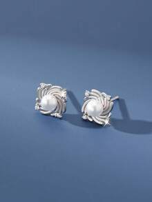 1 Pair S925 Sterling Silver Minimalist Pearl Geometric Stud Earrings For Women