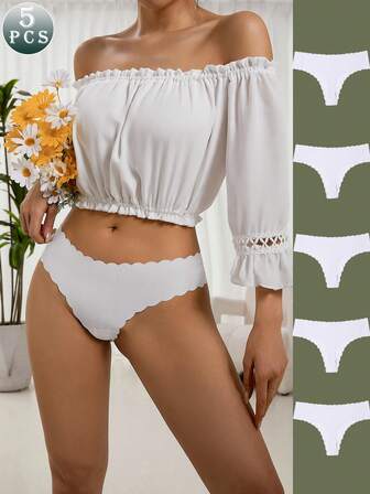 5入組白色無縫T型後跟內褲，彈性透氣女式性感褲頭，女性用T型後跟內褲