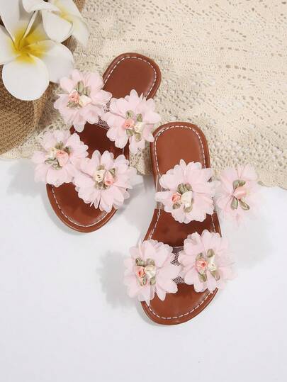 A Pair Of Summer Fashion Flip-Flops: "Pink Elegant Floral Sandals, Flat Shoes Suitable For Girls, Children's Shoes For Beach Vacations