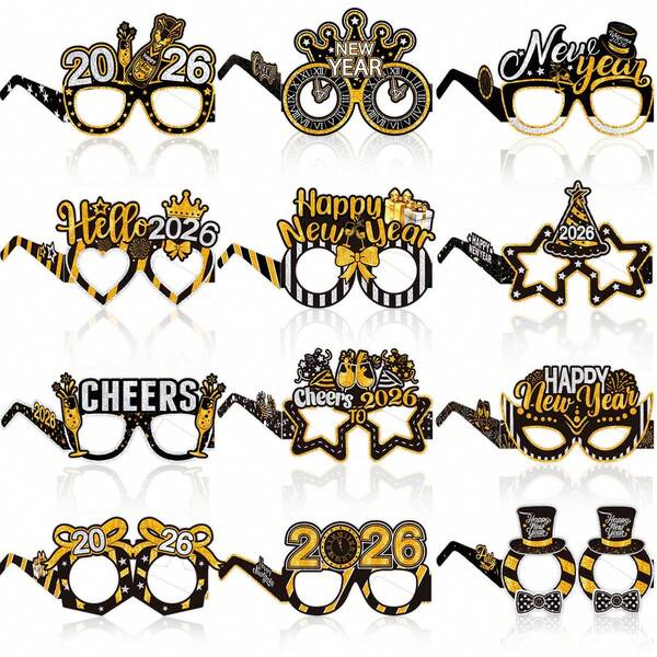 12pcs 2026 Happy New Year Party Glasses, Paper Eyewear Photo Props, Black And Golden Festive Celebration Accessories