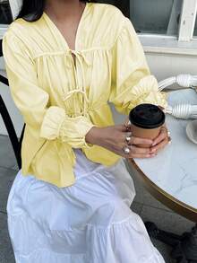 Versatile Non-Skin Tone Specific Essentials, Women's Fashionable Loose Tie-Up Design Blouse - Yellow - View 4