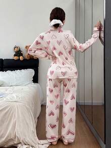 两件套女士粉色睡衣套装，可爱长袖纽扣衬衫配长裤 - 粉色 - 查看 2