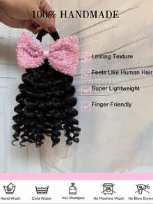 1 Peça Extensão de Cabelo Trançado com Laço Brilhante para Meninas, Acessórios de Cabelo, Varinha de Cachos para Crianças, 8 Polegadas - Preto - Visão 6