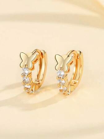 一对优雅蝴蝶造型锆石镶嵌耳环，女士日常佩戴饰品及礼品