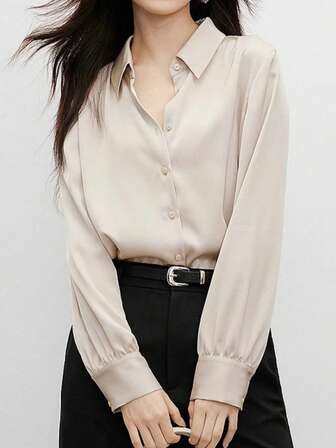 女士休闲百搭通勤纯色前开襟衬衫