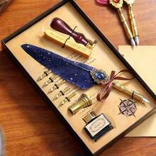 1 Caja de regalo que incluye sello, lacre, pluma caligráfica Jubaboz, juego de plumas - Pluma de inmersión, pluma de inmersión de engranaje mecánico, pluma de pluma de ganso, hecha de pluma de ganso, invierno
