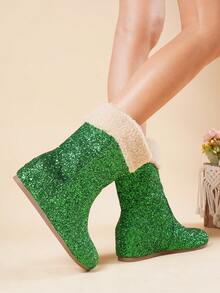2026 Winter New Fashionable Sequin Thick Sole Wedge Snow Boots For Women, Mid-Calf, Warm Lined, Versatile - Green - View 7